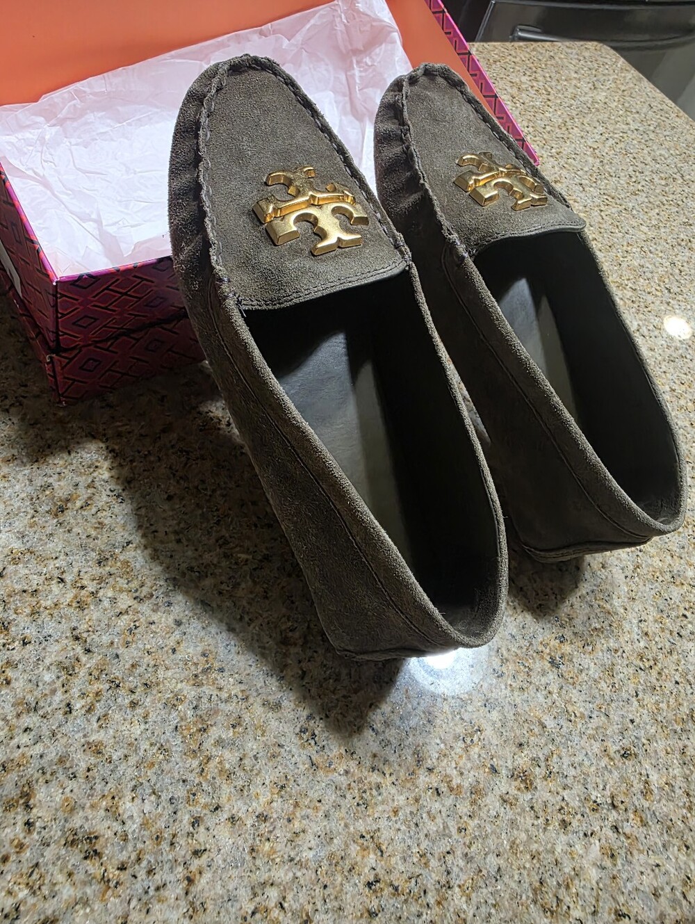 Tory Burch Taupe/Olive Suede Logo Moccasin Loafers - Picture 2 of 11